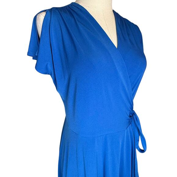 Vicky Tiel Jersey Midi Wrap Flutter Sleeve Blue Dress NEW size Small - Picture 2 of 3